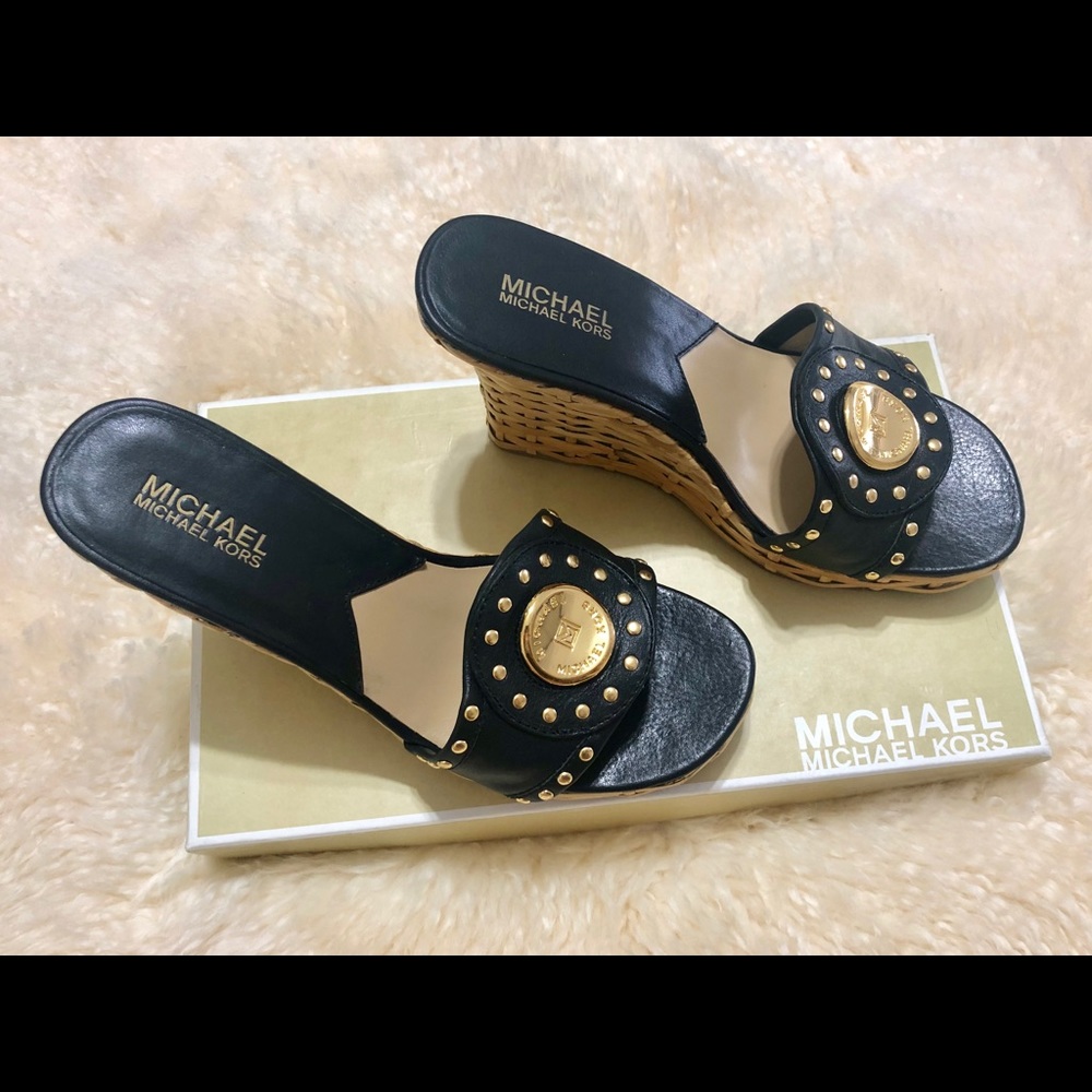 Michael Kors Rattan Straw Black Leather Sandals 8